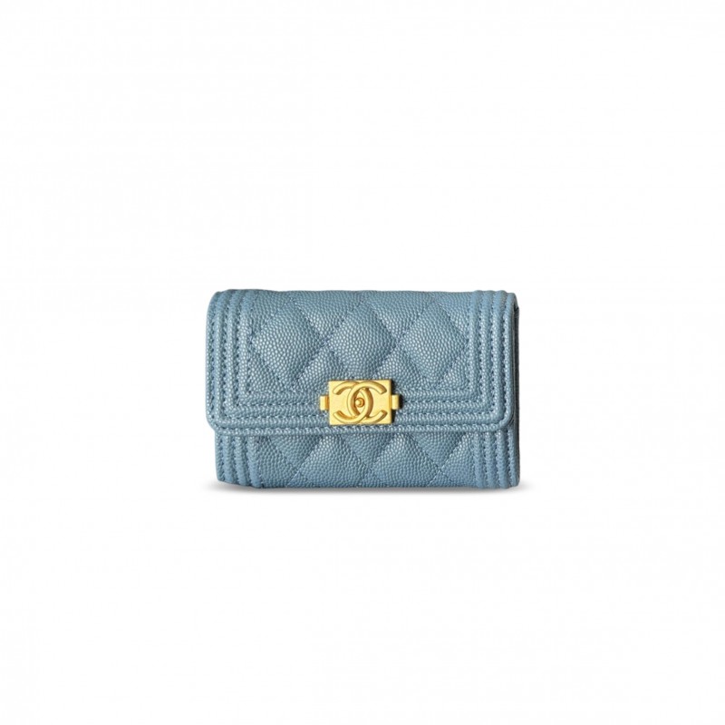 CHANEL BOY CHANEL FLAP CARD HOLDER GRAINED CALFSKIN BLUE A80603 (11*8.5*3cm)
