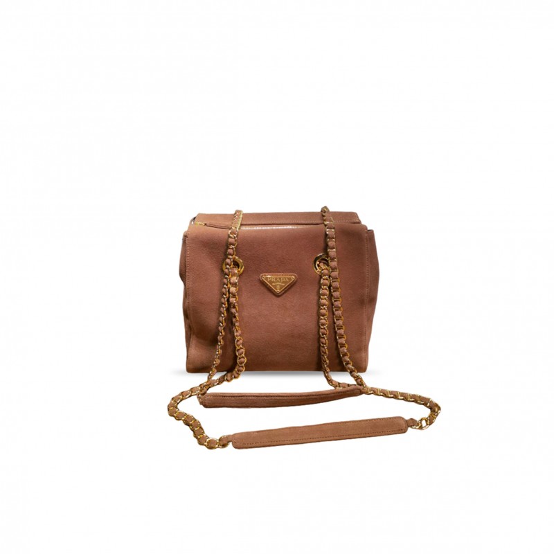 PRADA QUILTED BROWN SUEDE CHAIN SHOULDER BAG 1BD660 (26.5*25*7.5cm) 
