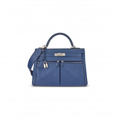 HERMÈS MASTER A BLEU DE MALTE SWIFT LEATHER KELLY LAKIS 32 WITH PALLADIUM HARDWARE (32*23*10cm) 