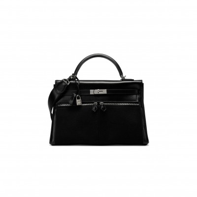 HERMÈS MASTER A BLACK SWIFT LEATHER & CANVAS KELLY LAKIS 32 WITH PALLADIUM HARDWARE (32*23*10cm) 