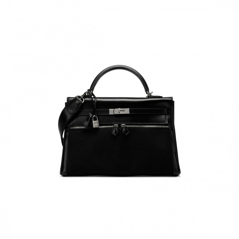 HERMÈS MASTER A BLACK SWIFT LEATHER & CANVAS KELLY LAKIS 32 WITH PALLADIUM HARDWARE (32*23*10cm) 