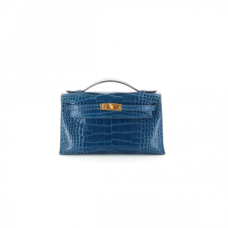HERMES MASTER KELLY POCHETTE BLEU MYKONOS ALLIGATOR GOLD HARDWARE (22*14*7cm)