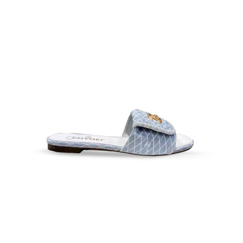 CHANEL DENIM QUILTED TURNLOCK FLAT MULES G46119 