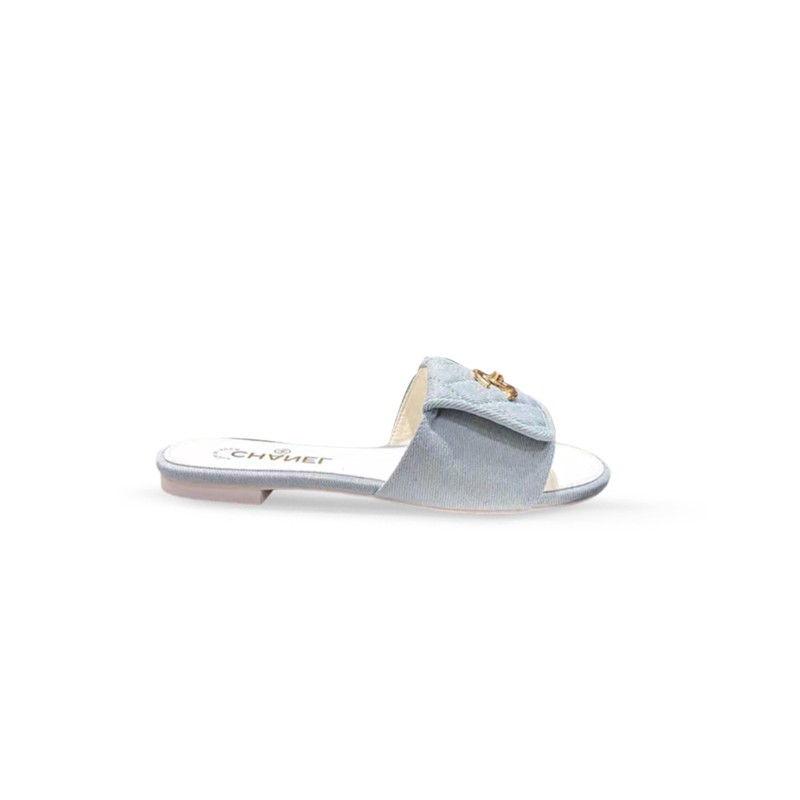 CHANEL DENIM QUILTED TURNLOCK FLAT MULES G46119