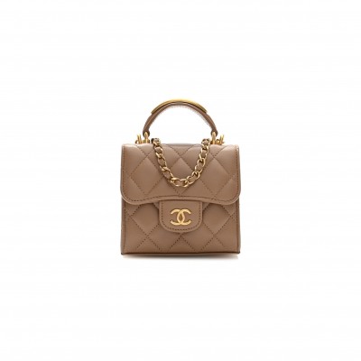 CHANEL LAMBSKIN QUILTED MINI TOP HANDLE FLAP CLUTCH WITH CHAIN BEIGE AP2682 (11*11*5.5cm)