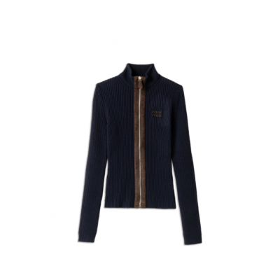 MIU MIU CASHMERE AND LEATHER ZIPPER CARDIGAN MMF992