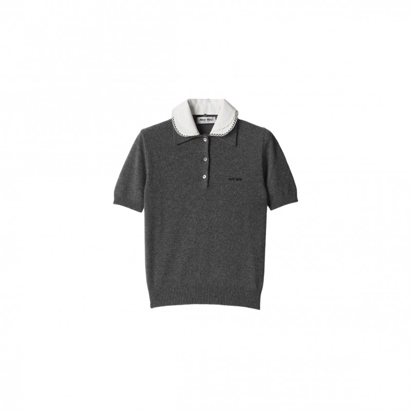 MIU MIU CASHMERE POLO WITH EMBROIDERED POPLIN COLLAR MML03Z MIU MIU CASHMERE POLO WITH EMBROIDERED POPLIN COLLAR MML03Z
