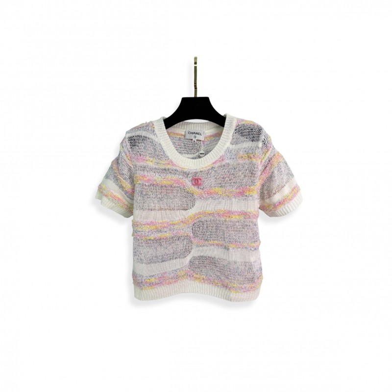 CHANEL PINK RIBBED KNIT SWEATER SHORT SLEEVE 