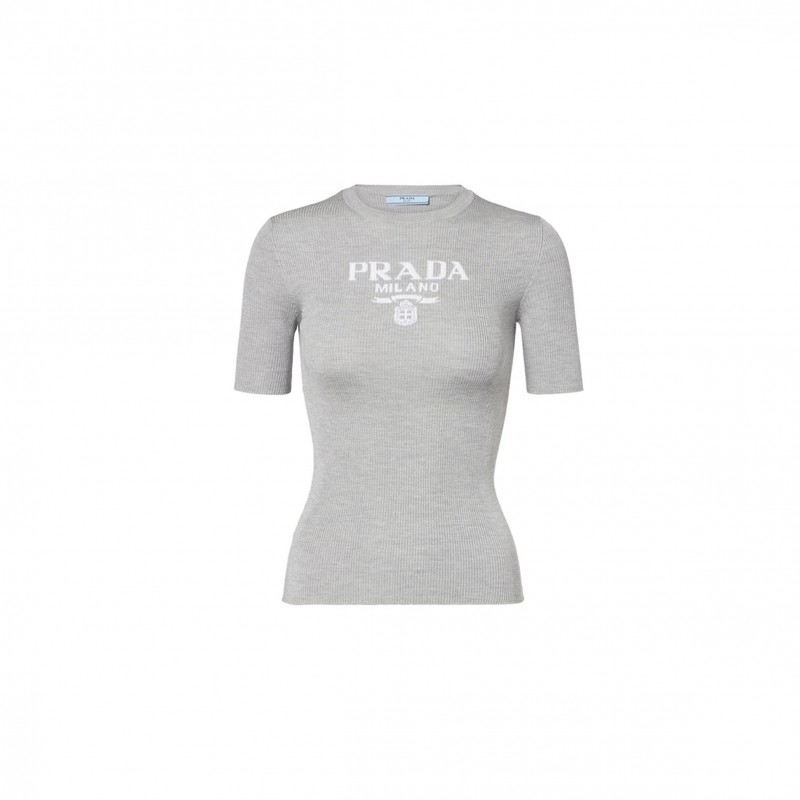 PRADA WOMEN'S GRAY LOGO RIBBED-TRIM SILK T-SHIRT 