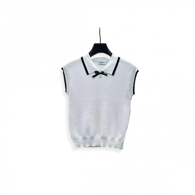 CHANEL COLLARED VEST WITH CONTRASTING TRIM BOW AT THE CHEST 