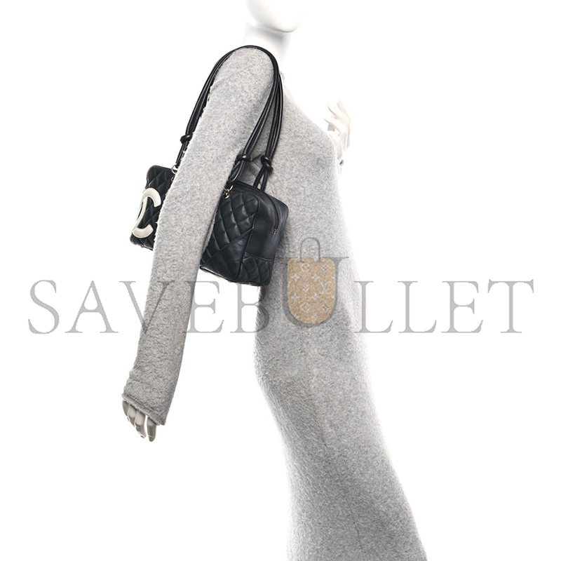 CHANEL CALFSKIN QUILTED LARGE CAMBON BOWLER BLACK WHITE (28*16*10cm)