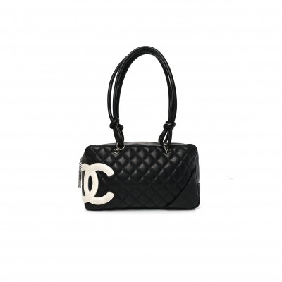 CHANEL CALFSKIN QUILTED LARGE CAMBON BOWLER BLACK WHITE (28*16*10cm)