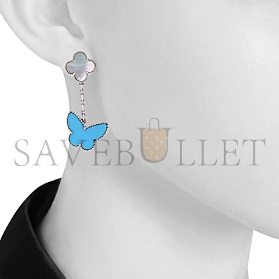 VAN CLEEF ARPELS LUCKY ALHAMBRA PENDANTS EARRINGS IN WHITE GOLD, MOTHER OF PEARL AND TURQUOISE VAN CLEEF ARPELS LUCKY ALHAMBRA PENDANTS EARRINGS IN WHITE GOLD, MOTHER OF PEARL AND TURQUOISE
