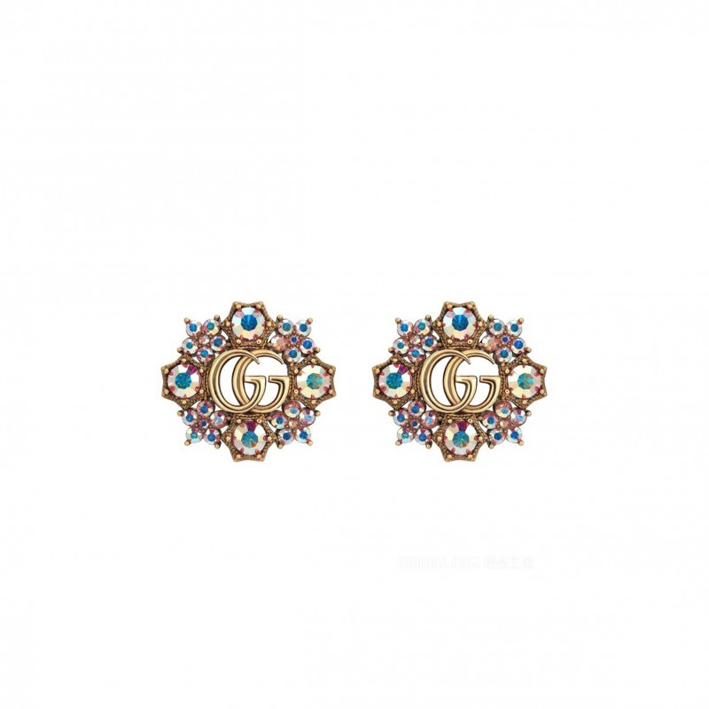 GUCCI DOUBLE G CRYSTAL FLOWER EARRINGS IN ANTIQUE GOLD TONE 753787
