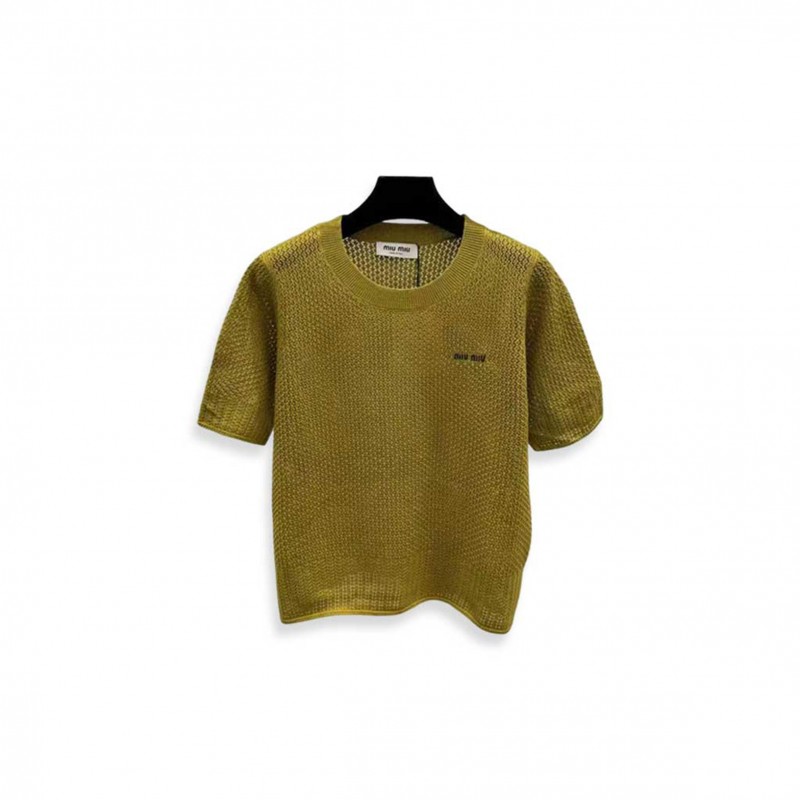 MIU MIU OLIVE GREEN OPENWORK SHORT-SLEEVED KNIT SWEATER 