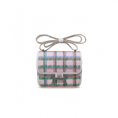 HERMES CONSTANCE 18 TARTAN MAUVE PALE SWIFT PALLADIUM HARDWARE (18*15*4cm)