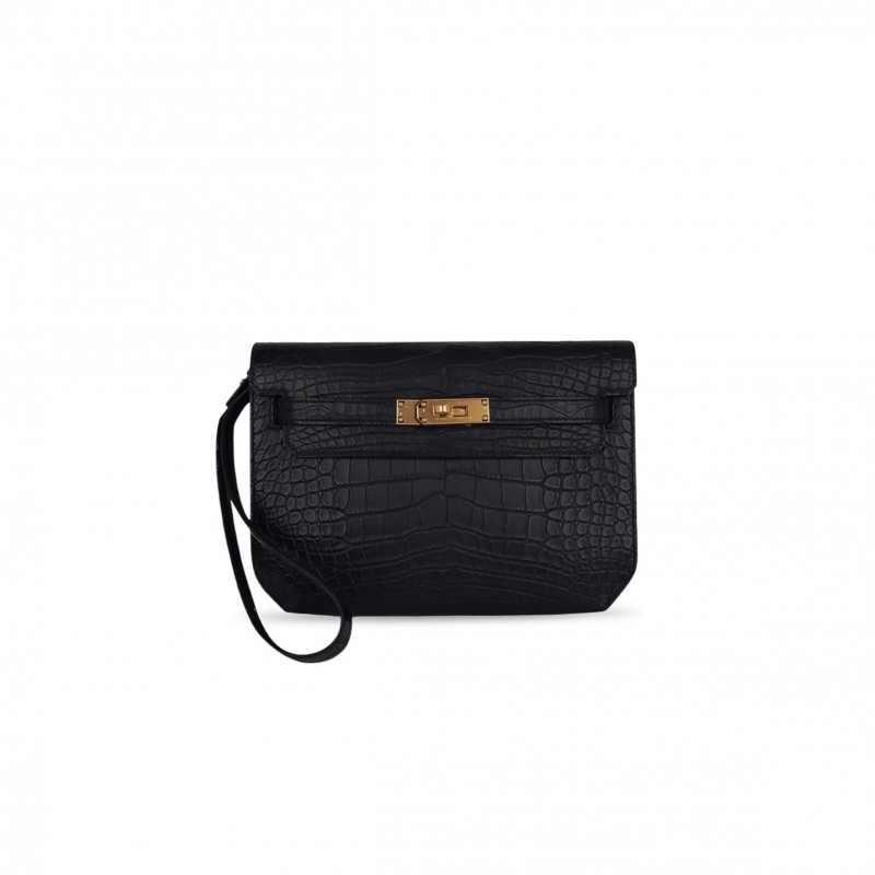 HERMÈS MASTER KELLY DEPECHES 25 MISSISSIPPIENSIS ALLIGATOR MATTE NOIR GOLD HARDWARE (25*20*4cm) 