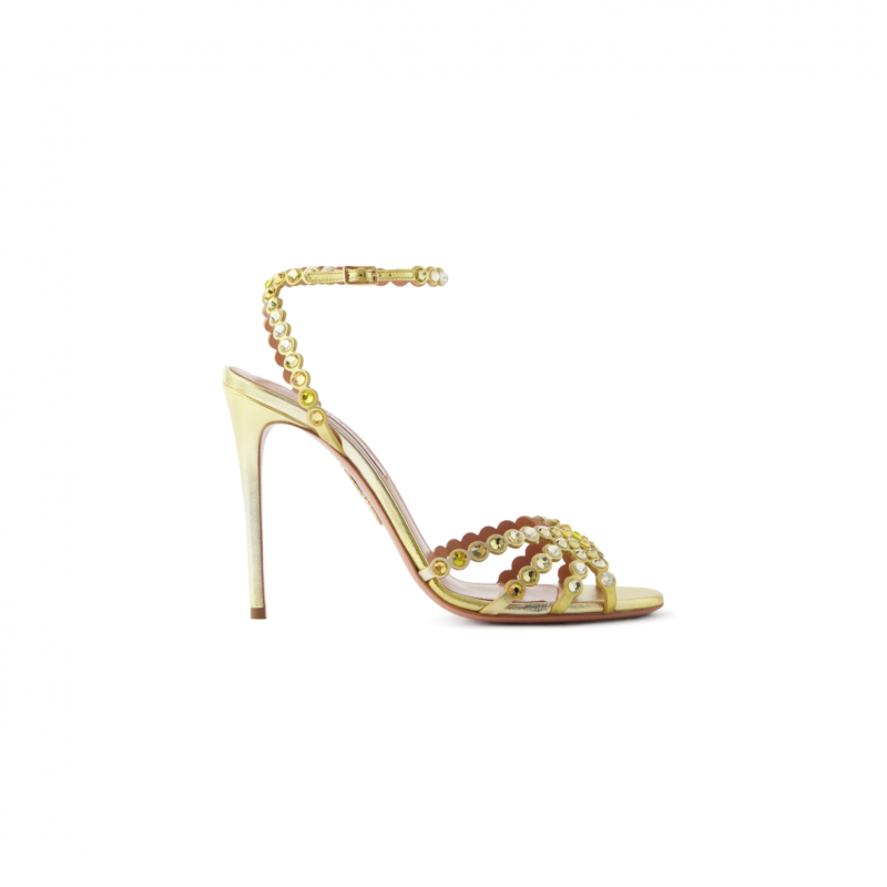 AQUAZZURA TEQUILA 105 CRYSTAL-EMBELLISHED METALLIC LEATHER SANDALS