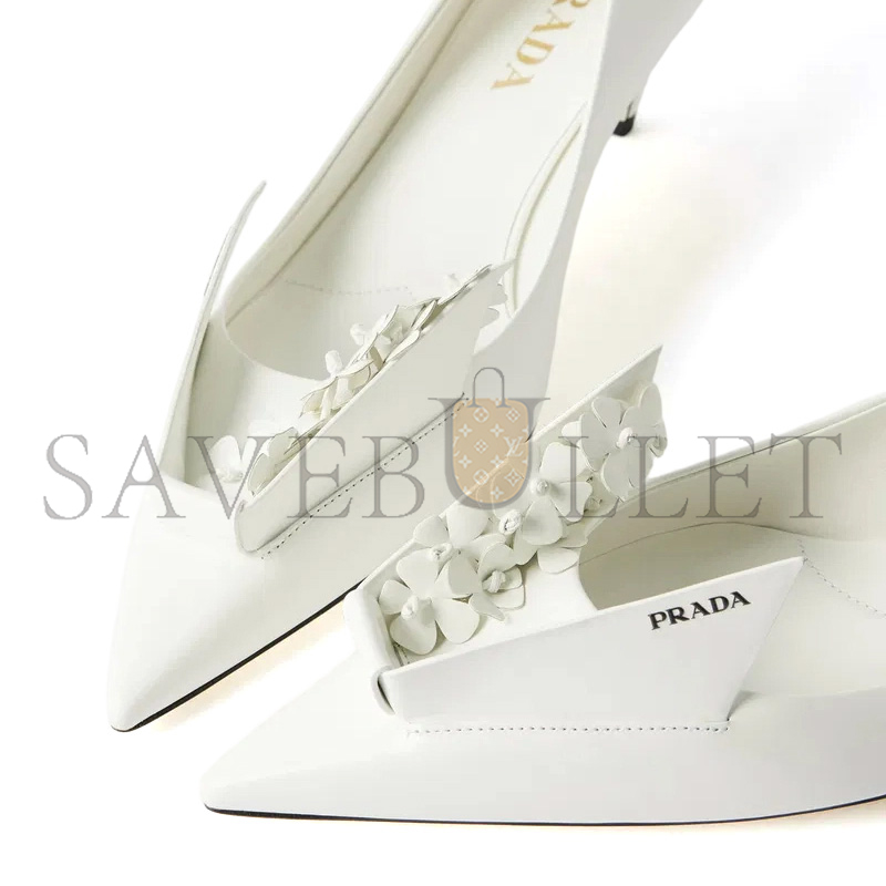 PRADA WHITE FLORAL APPLIQUÉ LEATHER HEEL