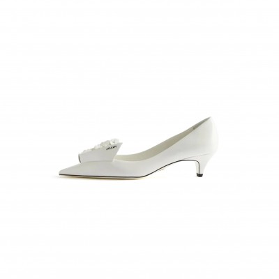 PRADA WHITE FLORAL APPLIQUÉ LEATHER HEEL