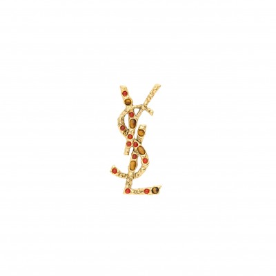 YSL CASSANDRE BROOCH IN TIGER'S EYE SUNSTONE AND METAL 833952YOTPS7778