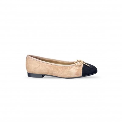 CHANEL SUEDE CAP TOE CC BALLERINA FLATS BEIGE BLACK CHANEL SUEDE CAP TOE CC BALLERINA FLATS BEIGE BLACK