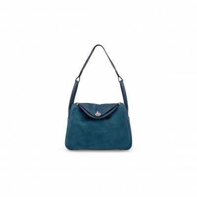 HERMES MASTER  A BLEU THALASSA SWIFT LEATHER & VEAU DOBLIS GRIZZLY LINDY 30 WITH PALLADIUM HARDWARE (30*21*15cm) 