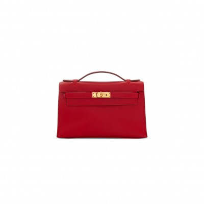 HERMES MASTER KELLY POCHETTE ROUGE VIF SWIFT GOLD HARDWARE (22*14*7cm)