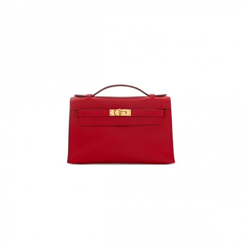 HERMES MASTER KELLY POCHETTE ROUGE VIF SWIFT GOLD HARDWARE (22*14*7cm)