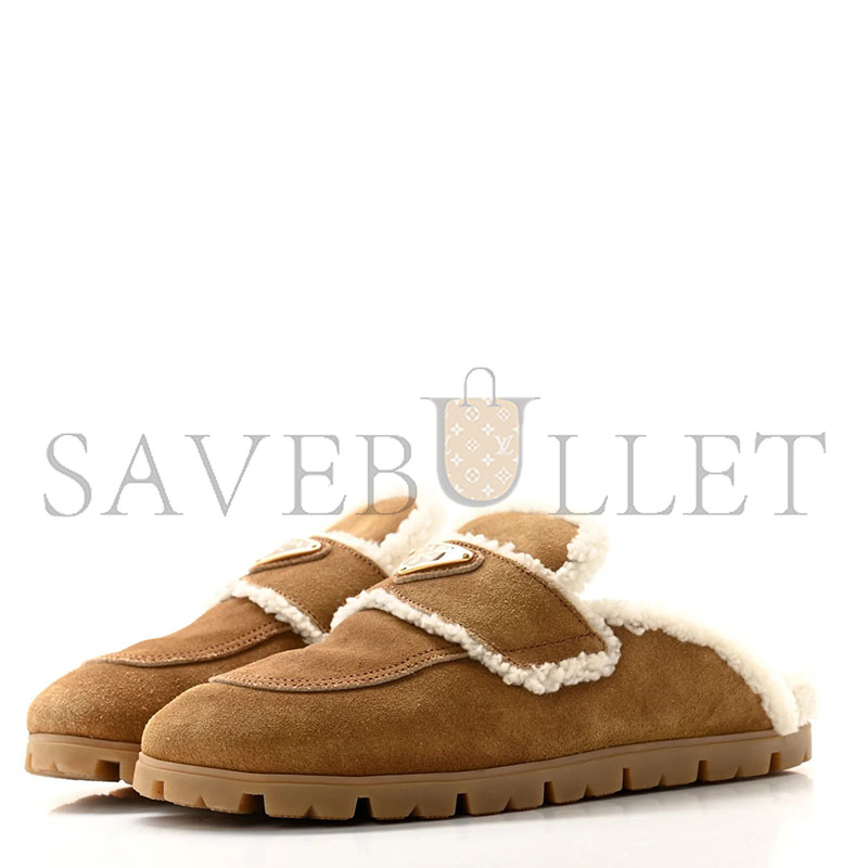 PRADA SUEDE SHEARLING METAL TRIANGLE LOGO LUG SOLE 