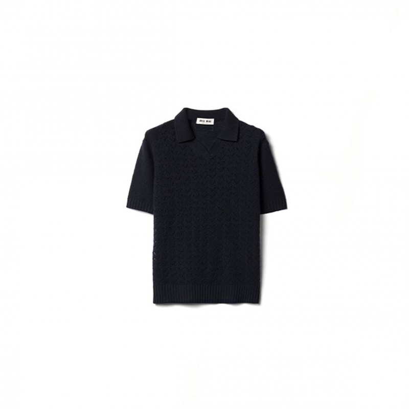 MIU MIU LACE-EFFECT CASHMERE POLO SHIRT NAVY MML03U