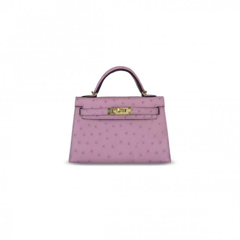 HERMES MASTER MINI KELLY ROSE BUBBLEGUM OSTRICH GOLD HARDWARE (19*12*5.5cm)