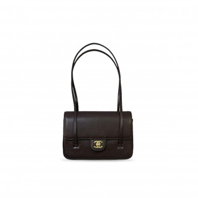 CHANEL SMALL PREPPY COCO FLAP BAG DARK BROWN SHINY CAVIAR BRUSHED GOLD HARDWARE (22*15*5cm)