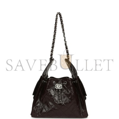 CHANEL SMALL 25 HOBO BAG DARK BROWN SHINY AGED CALFSKIN SILVER HARDWARE AS5293  (30*26*14cm)