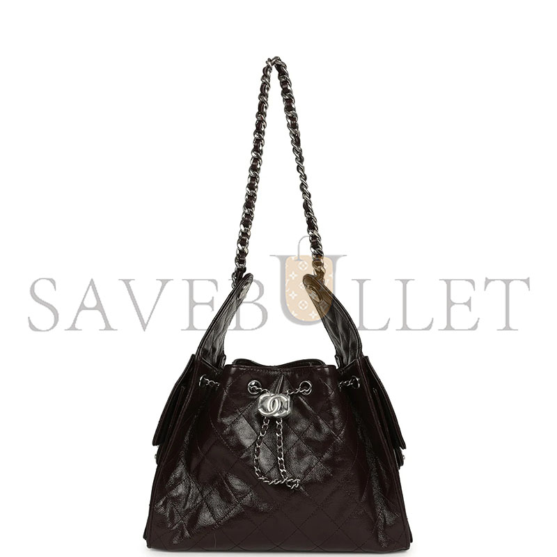 CHANEL SMALL 25 HOBO BAG DARK BROWN SHINY AGED CALFSKIN SILVER HARDWARE AS5293  (30*26*14cm)