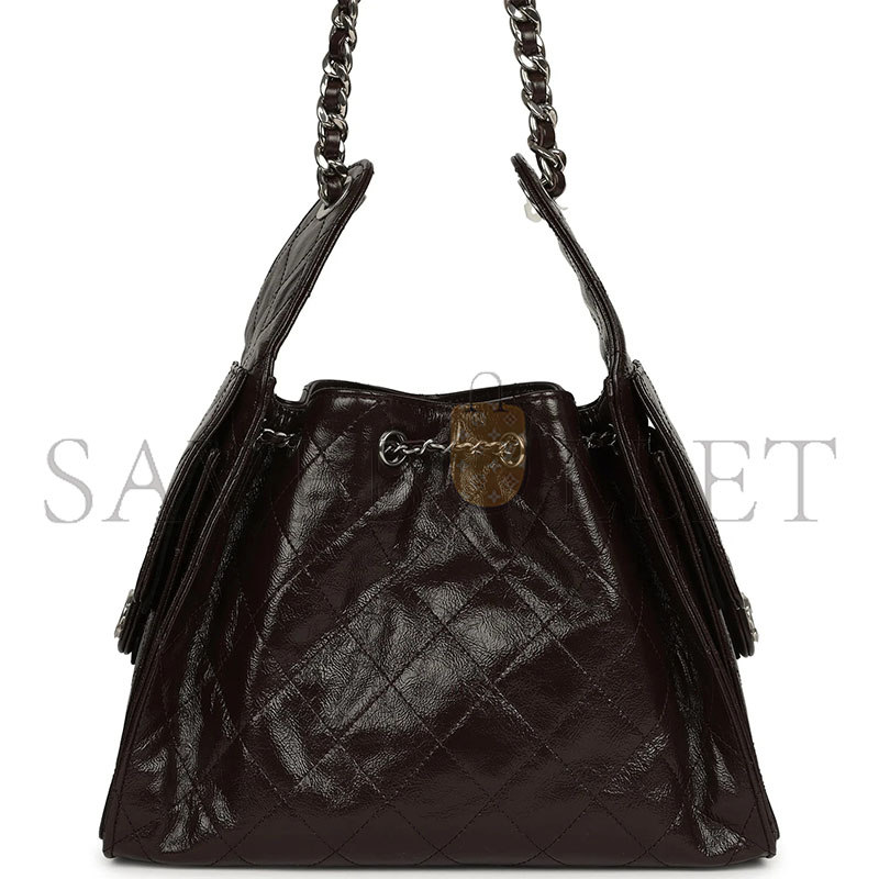 CHANEL SMALL 25 HOBO BAG DARK BROWN SHINY AGED CALFSKIN SILVER HARDWARE AS5293  (30*26*14cm)