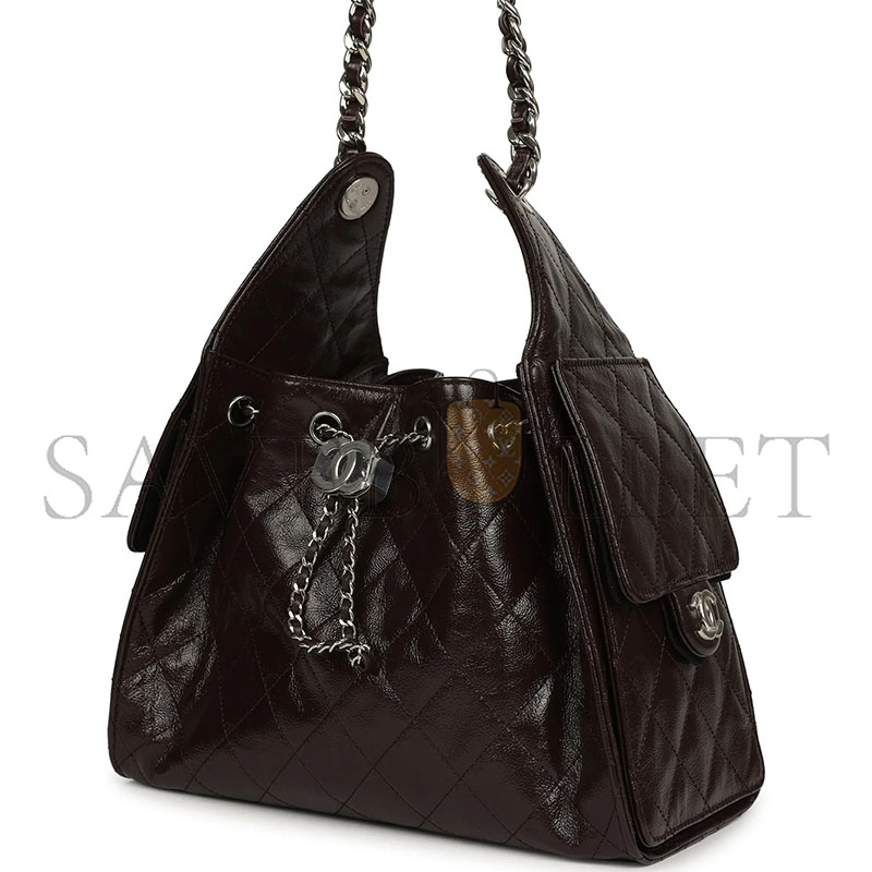 CHANEL SMALL 25 HOBO BAG DARK BROWN SHINY AGED CALFSKIN SILVER HARDWARE AS5293  (30*26*14cm)