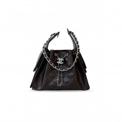 CHANEL SMALL 25 HOBO BAG DARK BROWN SHINY AGED CALFSKIN SILVER HARDWARE AS5293  (30*26*14cm)