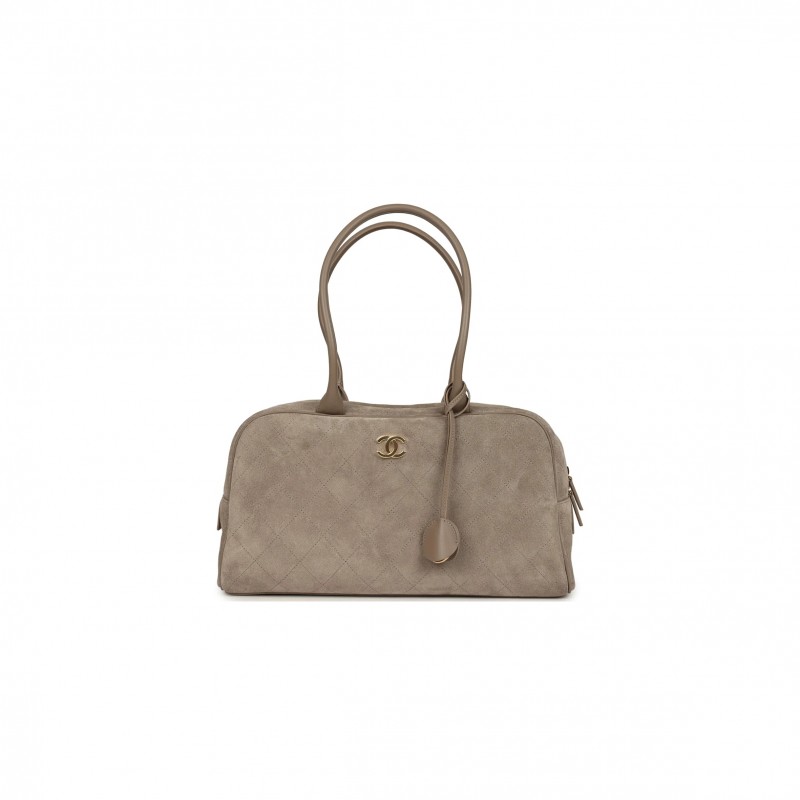 CHANEL LARGE PERFECT BOWLING BAG DARK BEIGE SUEDE GOLD HARDWARE AS62110 (35.5*19*12.5cm)