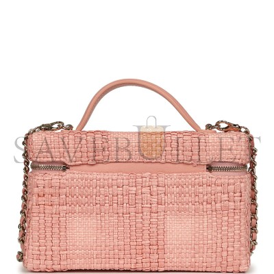 CHANEL TOP HANDLE LONG VANITY CASE WITH CHAIN LIGHT PINK BRAIDED RAFFIA LIGHT GOLD HARDWARE AP4385 (19.5*17*5cm) 