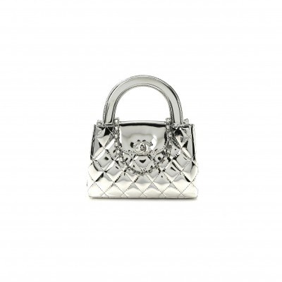 CHANEL MIRROR CALFSKIN METALLIC CALFSKIN QUILTED NANO KELLY SHOPPER SILVERY  (19*13*7cm)