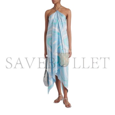 PUCCI BLUE MARMO ASYMMETRIC SILK TWILL MIDI DRESS 
