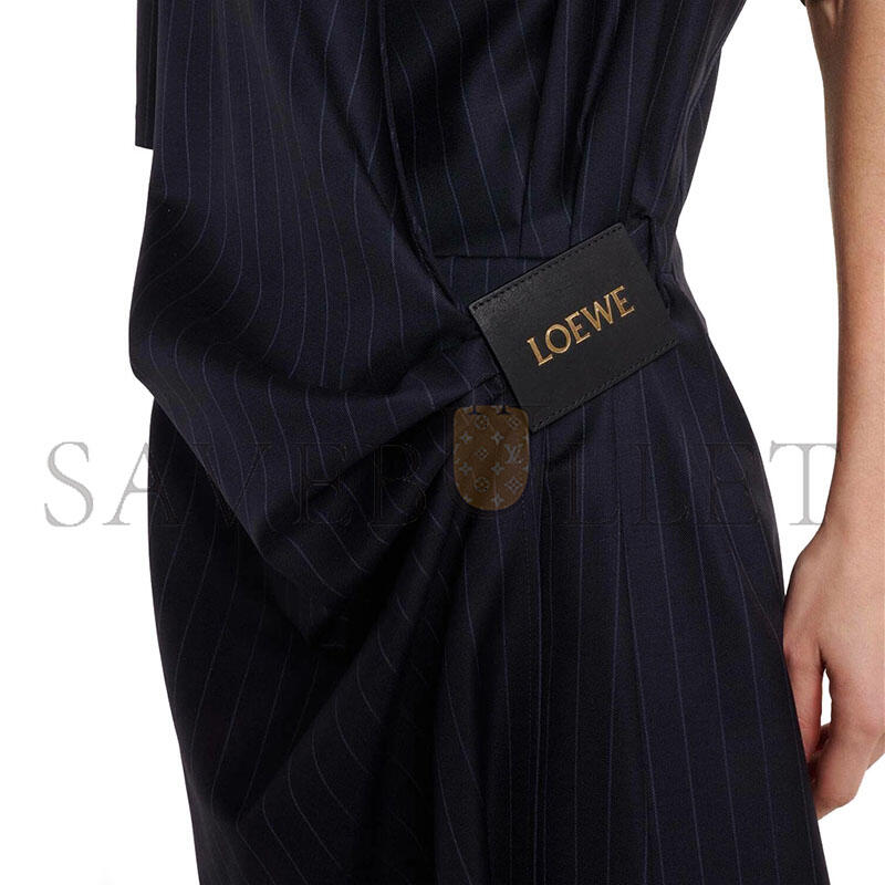 LOEWE PINSTRIPE GATHERED WOOL WRAP DRESS 