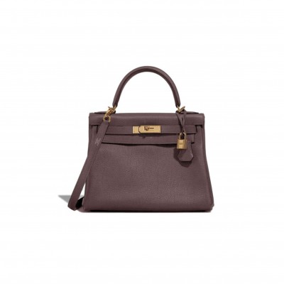 HERMÈS MASTER CHOCOLATE TOGO KELLY 28 RETOURNE GOLD HARDWARE (28*22*10cm)