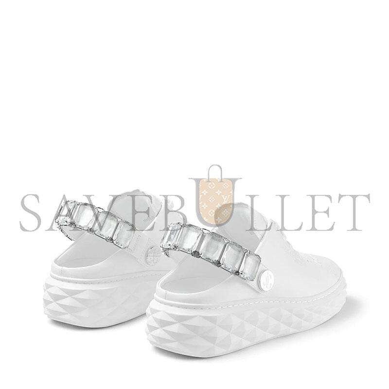 JIMMY CHOO DIAMOND SLING WHITE NAPPA LEATHER SLIPPER TRAINERS WITH CRYSTAL STRAP 