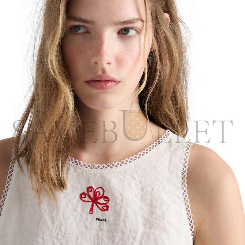 PRADA EMBROIDERED SLUBBED CANVAS MINI-DRESS P3S60R PRADA EMBROIDERED SLUBBED CANVAS MINI-DRESS P3S60R