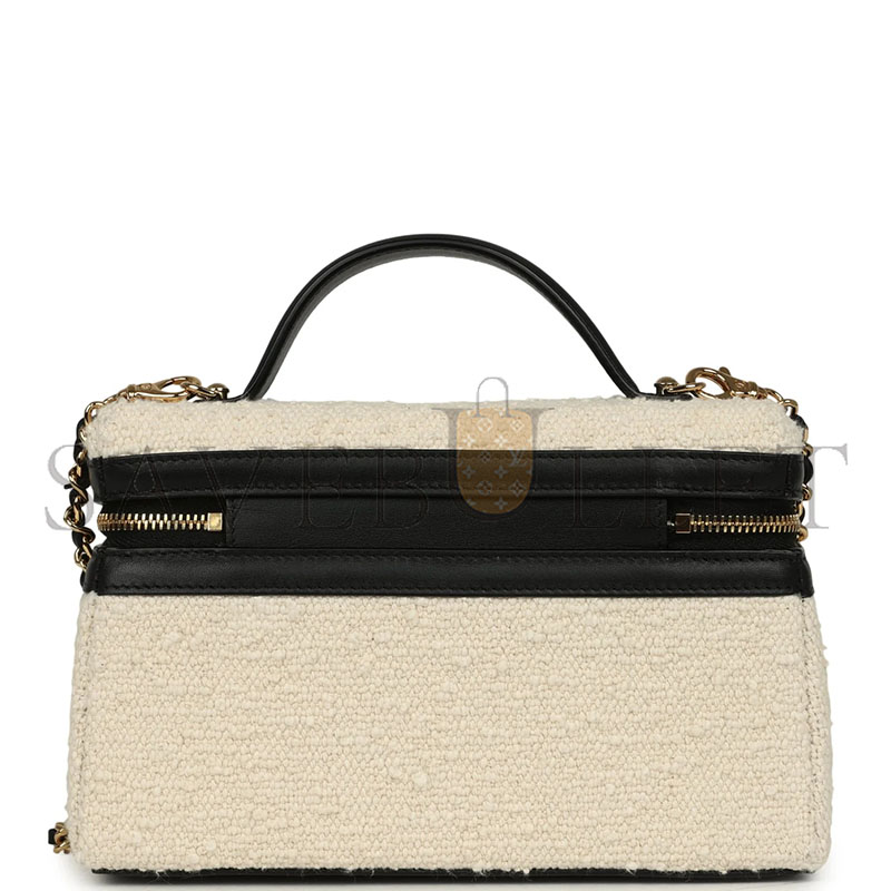 CHANEL MASTER COCO BEACH TOP HANDLE LONG VANITY CASE WITH CHAIN ECRU TWEED AND BLACK CALFSKIN GOLD HARDWARE (19*13*5cm) 