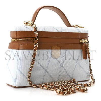 CHANEL WASHED DENIM CALFSKIN QUILTED TOP HANDLE SLIM VANITY CASE WITH CHAIN BLUE BROWN AP5164 (19.5*17*5cm) CHANEL WASHED DENIM CALFSKIN QUILTED TOP HANDLE SLIM VANITY CASE WITH CHAIN BLUE BROWN AP5164 (19.5*17*5cm)