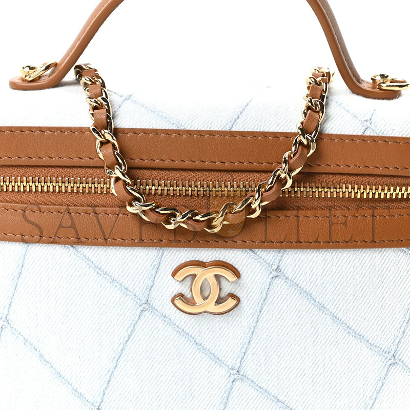 CHANEL WASHED DENIM CALFSKIN QUILTED TOP HANDLE SLIM VANITY CASE WITH CHAIN BLUE BROWN AP5164 (19.5*17*5cm)