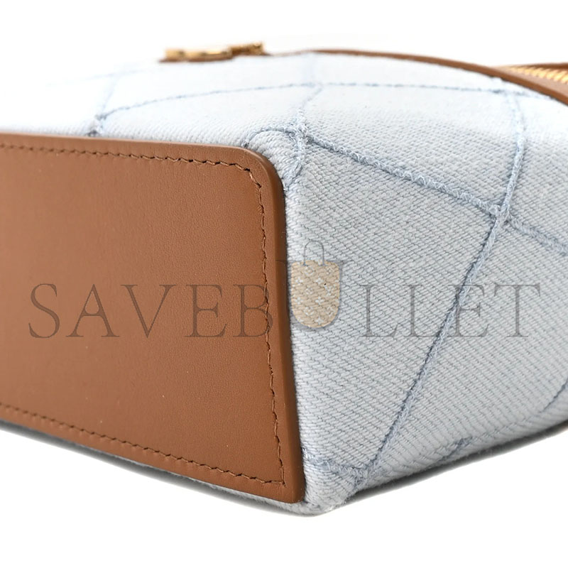 CHANEL WASHED DENIM CALFSKIN QUILTED TOP HANDLE SLIM VANITY CASE WITH CHAIN BLUE BROWN AP5164 (19.5*17*5cm)